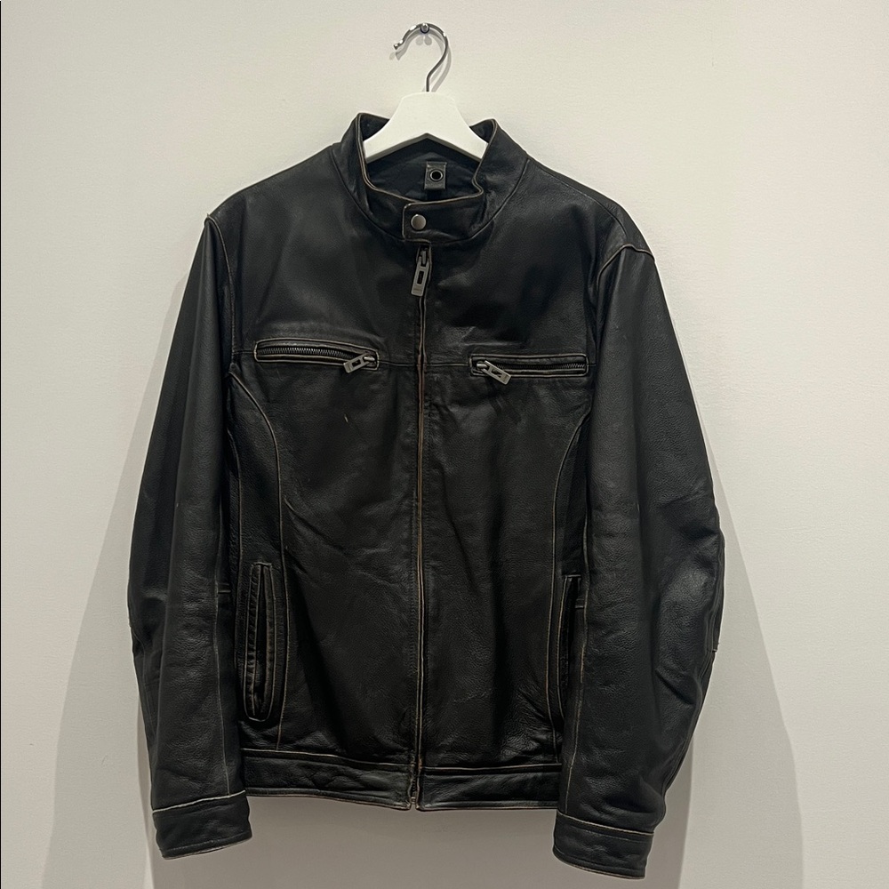 Guess Men's Black Leather Bomber Jacket